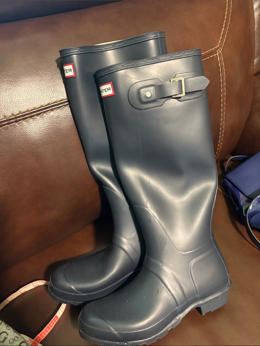 Hunter Navy Tall Rain Boots with Buckle